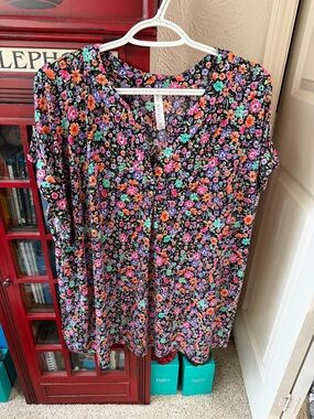 Dear Scarlett Black Floral Blouse with Pink Orange Purple and Mint Accents
